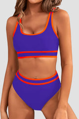 Women High Waisted Bikini Sets Sporty Two Piece Swimsuits Color Block Cheeky High Cut Bathing Suits
