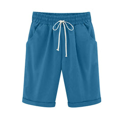 Women Elastic Waist Knee Length Casual Cotton Bermuda Shorts with Drawstring