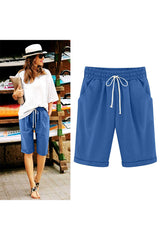 Women Elastic Waist Knee Length Casual Cotton Bermuda Shorts with Drawstring