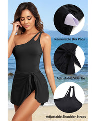 Women One Shoulder One Piece Swim Dress Tummy Control Swimsuit with Skirt