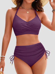 Women High Waisted Bikini Sets Drawstring Tummy Control Swimsuits Crisscross Tie Back Bathing Suit