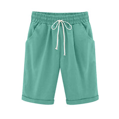 Women Elastic Waist Knee Length Casual Cotton Bermuda Shorts with Drawstring