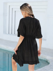 Women Dress Coverup Lace Crochet V Neck Cover Up Short Sleeve Beach Dress for Swimwear