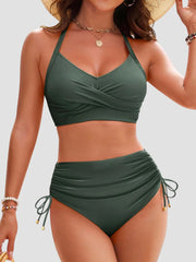 Women High Waisted Bikini Sets Drawstring Tummy Control Swimsuits Crisscross Tie Back Bathing Suit