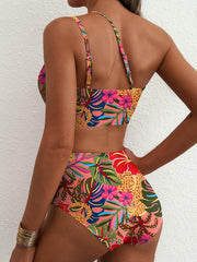 Women High Waisted Bikini Sets One Shoulder Floral Print Swimsuits 2 Piece Tummy Control Bathing Suits