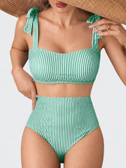 Women Tie Shoulder Bikini Sets 2 Piece Striped Swimsuits High Waisted Bathing Suits