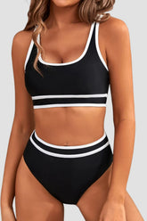 Women High Waisted Bikini Sets Sporty Two Piece Swimsuits Color Block Cheeky High Cut Bathing Suits