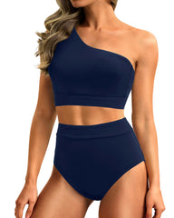 Women One Shoulder High Waisted Bikini Sets Two Piece Swimsuit Tummy Control-Pink