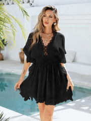 Women Dress Coverup Lace Crochet V Neck Cover Up Short Sleeve Beach Dress for Swimwear