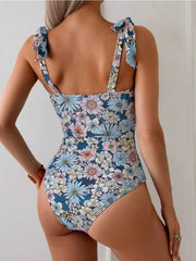 Women One Piece Swimsuits Tummy Control Bathing Suits V Neck Boho Tie Shoulder Ruched Full