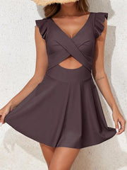 Women One Piece Swimsuit Ruffle Cutout Swimdress Tummy Control V Neck Wrap Swimwear