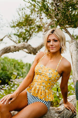 Women High Waisted Mustard Daisy Tankini Set Peplum Ruffle Swimsuits