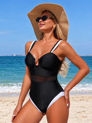 Women Sexy One Piece Swimsuit Tummy Control Mesh Swimsuit Plunge Neck Bathing Suit