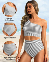 Women One Shoulder High Waisted Bikini Sets Two Piece Swimsuit Tummy Control-Pink