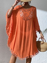Women Swimsuit Coverup Crochet Chiffon Tassel Cover Ups Dress Summer Swimwear Beach Lace Pullover Bathing Suit