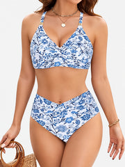 Women High Waisted Bikini Sets Matel Tummy Control Swimsuits V Neck Twist Front Bathing Suit