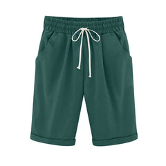 Women Elastic Waist Knee Length Casual Cotton Bermuda Shorts with Drawstring
