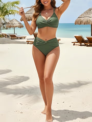 Women High Waisted Bikini Sets Matel Tummy Control Swimsuits V Neck Twist Front Bathing Suit