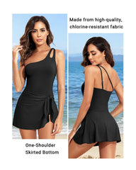 Women One Shoulder One Piece Swim Dress Tummy Control Swimsuit with Skirt