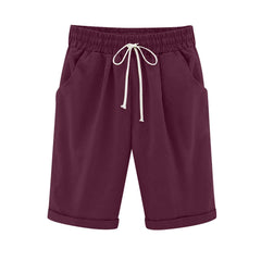 Women Elastic Waist Knee Length Casual Cotton Bermuda Shorts with Drawstring