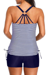 Women Blue Stripes Tankini With Shorts Drawstring Tummy Control Swimwear