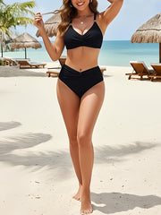 Women High Waisted Bikini Sets Matel Tummy Control Swimsuits V Neck Twist Front Bathing Suit