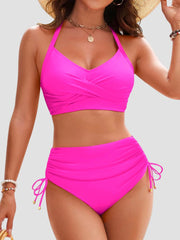 Women High Waisted Bikini Sets Drawstring Tummy Control Swimsuits Crisscross Tie Back Bathing Suit