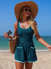 Women Colorblock Sporty Tummy Control One Piece Bathing Suit with Shorts Pockets