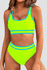 Women High Waisted Bikini Sets Sporty Two Piece Swimsuits Color Block Cheeky High Cut Bathing Suits