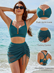 Women High Waisted Push Up Bikini Sets Mesh Tummy Control Swim Skirt