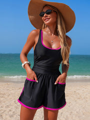 Women Colorblock Sporty Tummy Control One Piece Bathing Suit with Shorts Pockets