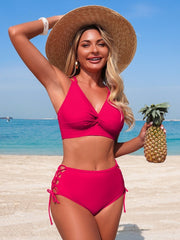 Women Sexy V Neck 2 Piece Bikini Sets Cheeky High Cut Tie Side Bathing Suit Summer Beach Swimwear
