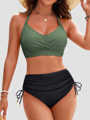 Women High Waisted Bikini Sets Drawstring Tummy Control Swimsuits Crisscross Tie Back Bathing Suit