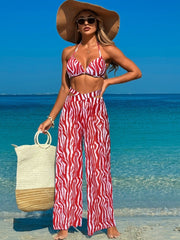 Women 3 Piece Bikini Sets with Mesh Cover Up Pants Halter Cheeky Thong Swimsuits Sexy Bathing Suits