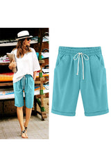 Women Elastic Waist Knee Length Casual Cotton Bermuda Shorts with Drawstring