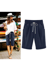 Women Elastic Waist Knee Length Casual Cotton Bermuda Shorts with Drawstring