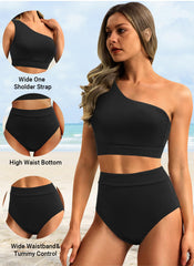 Women One Shoulder High Waisted Bikini Sets Two Piece Swimsuit Tummy Control-Pink