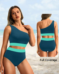 Women One Shoulder High Waisted Bikini Sets Two Piece Swimsuit Tummy Control-Pink