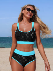 Women High Waisted Bikini Sets Hollow Out Color Block Two Piece Sporty Scoop Neck Adjustable Straps Swimsuit