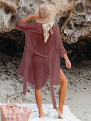 Women Black Solid Color Tie Sun Proof Belt Sexy V Neck Cover Up