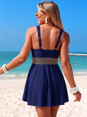 Women Black V-Neck One-Piece Swim Dress with Waist Band Detail