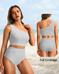 Women One Shoulder High Waisted Bikini Sets Two Piece Swimsuit Tummy Control-Pink