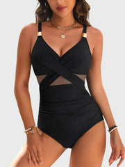 Women One Piece Swimsuit Metal Modest Tummy Control Bathing Suit Slimming Full Coverage Mesh Swim Suits