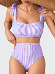 Women Tie Shoulder Bikini Sets 2 Piece Striped Swimsuits High Waisted Bathing Suits