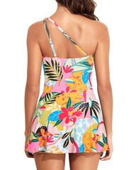 Women One Shoulder One Piece Swim Dress Tummy Control Swimsuit with Skirt