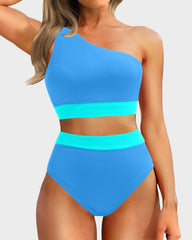 Women One Shoulder High Waisted Bikini Sets Two Piece Swimsuit Tummy Control-Pink