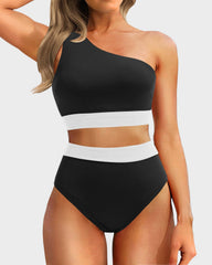 Women One Shoulder High Waisted Bikini Sets Two Piece Swimsuit Tummy Control-Pink