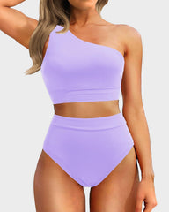 Women One Shoulder High Waisted Bikini Sets Two Piece Swimsuit Tummy Control-Pink