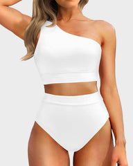 Women One Shoulder High Waisted Bikini Sets Two Piece Swimsuit Tummy Control-Pink