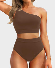 Women One Shoulder High Waisted Bikini Sets Two Piece Swimsuit Tummy Control-Pink